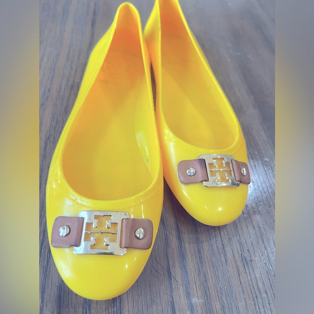 Tory Burch Bright Yellow Flats with Gold and Brown Accents